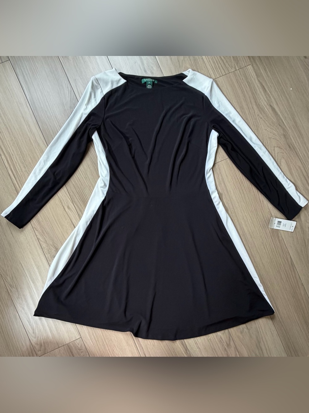 Lauren Ralph Lauren Black and White Long-Sleeve A-Line Dress Stretchy Sz 16 NWT